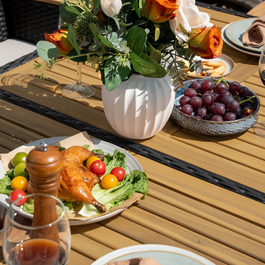 Patio Dining Table for 6, Acacia Wood Top, PE Rattan-Wrapped Metal Frame