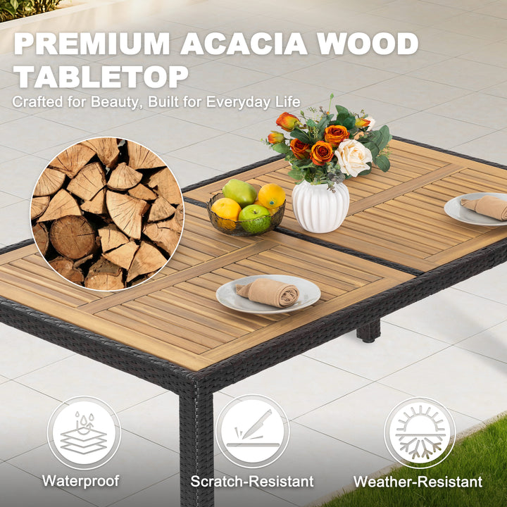 Patio Dining Table for 6, Acacia Wood Top, PE Rattan-Wrapped Metal Frame