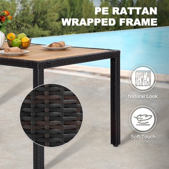 Patio Dining Table for 6, Acacia Wood Top, PE Rattan-Wrapped Metal Frame