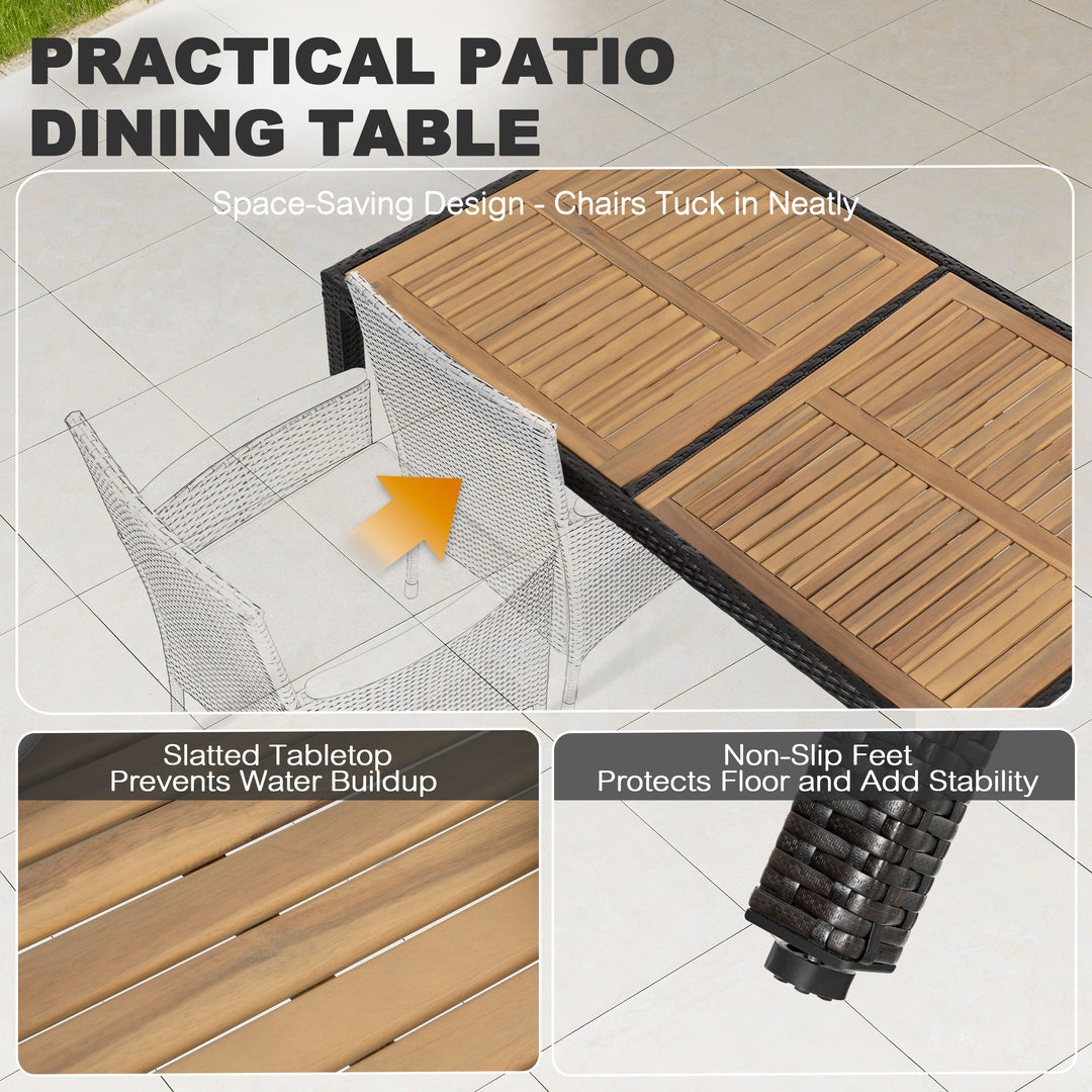Patio Dining Table for 6, Acacia Wood Top, PE Rattan-Wrapped Metal Frame