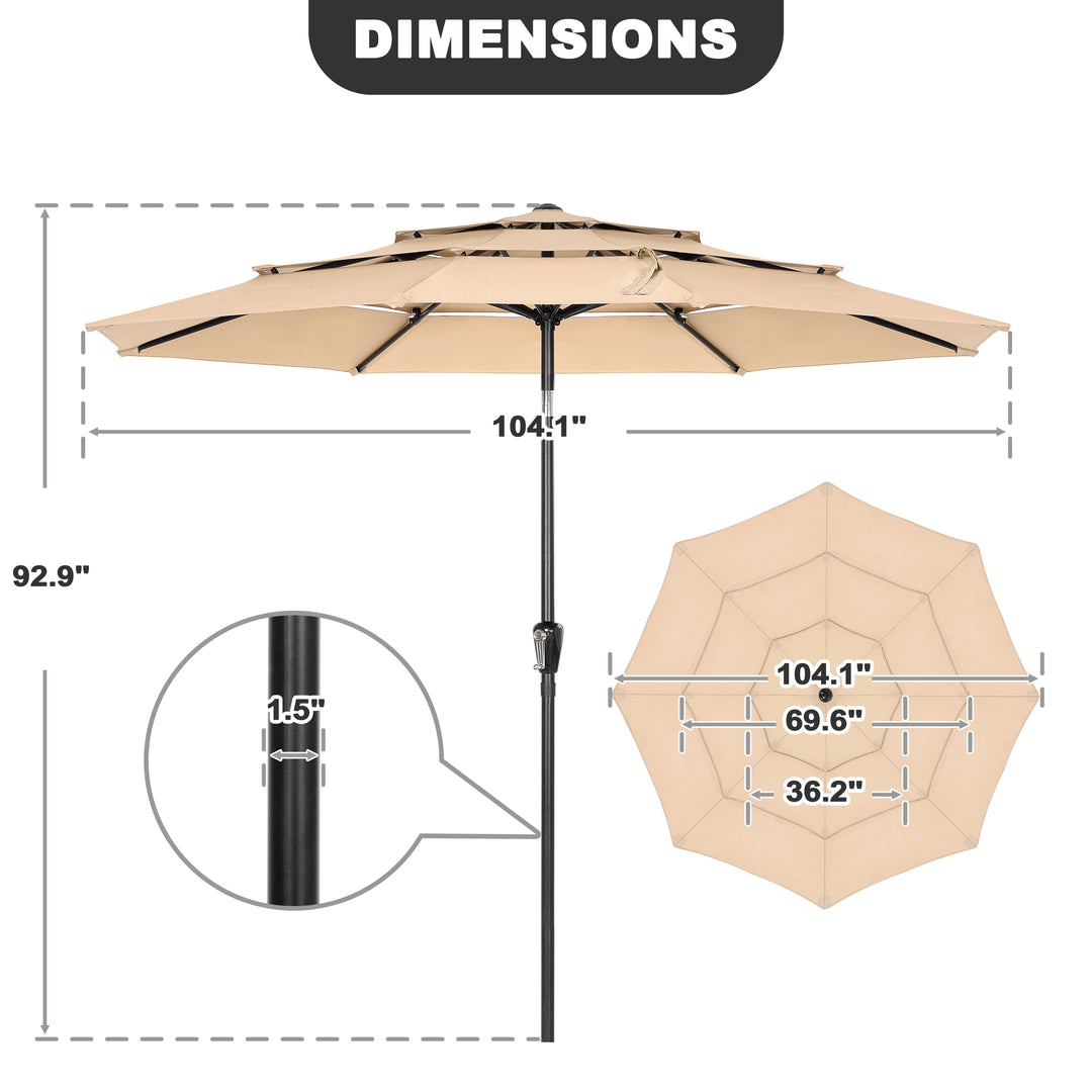 9 FT Patio Umbrella, Crank Handle, One-Button Tilt and 8 Reinforced Ribs