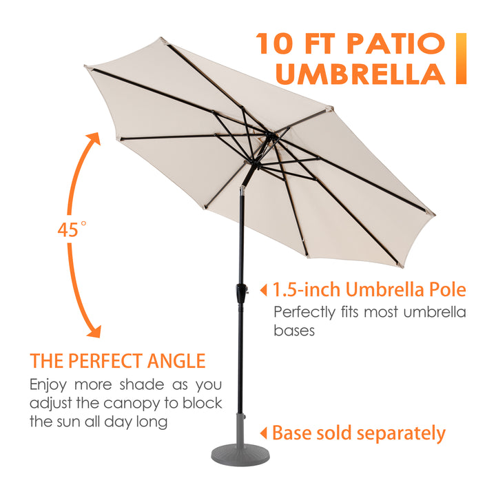Outdoor 7.5' Round Beige Patio Vented Umbrella with Base, Crank, Push Button Tilt