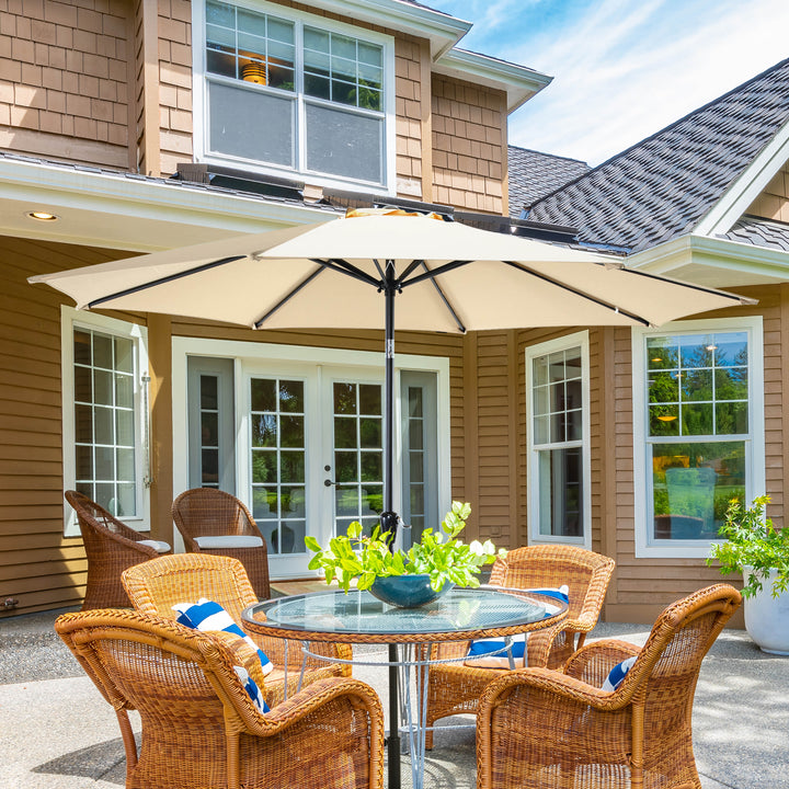 Outdoor 10' Round Beige Patio Vented Umbrella, Crank, Push Button Tilt