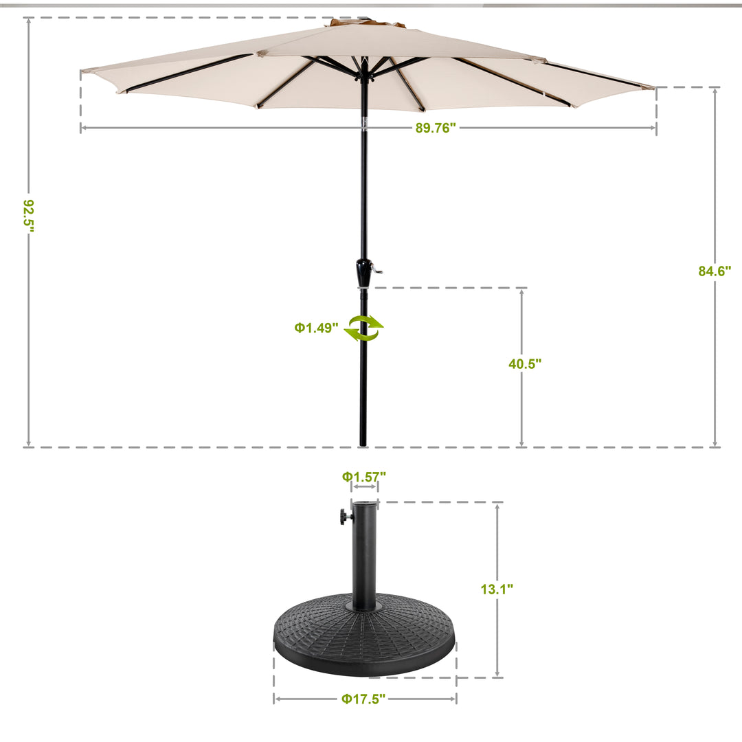 Outdoor 7.5' Round Beige Patio Vented Umbrella with Base, Crank, Push Button Tilt