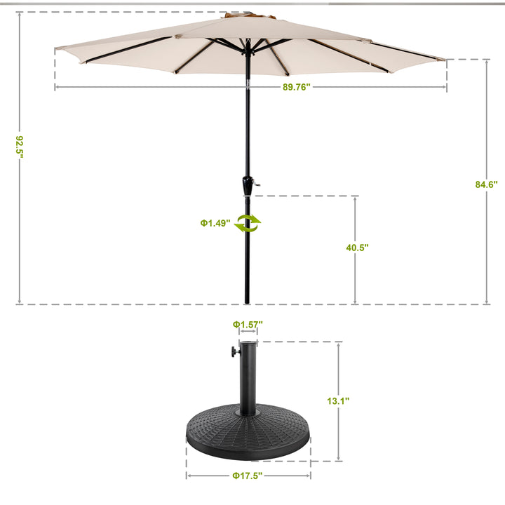 Outdoor 7.5' Round Beige Patio Vented Umbrella with Base, Crank, Push Button Tilt