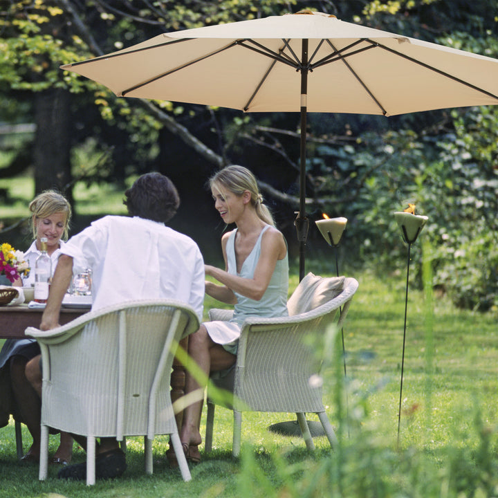 Outdoor 7.5' Round Beige Patio Vented Umbrella with Base, Crank, Push Button Tilt