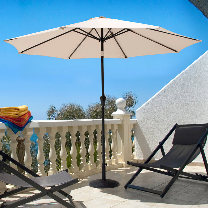 Outdoor 7.5' Round Beige Patio Vented Umbrella with Base, Crank, Push Button Tilt