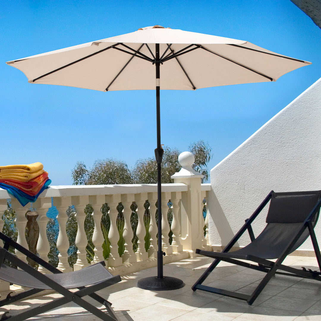 Outdoor 10' Round Beige Patio Vented Umbrella, Crank, Push Button Tilt