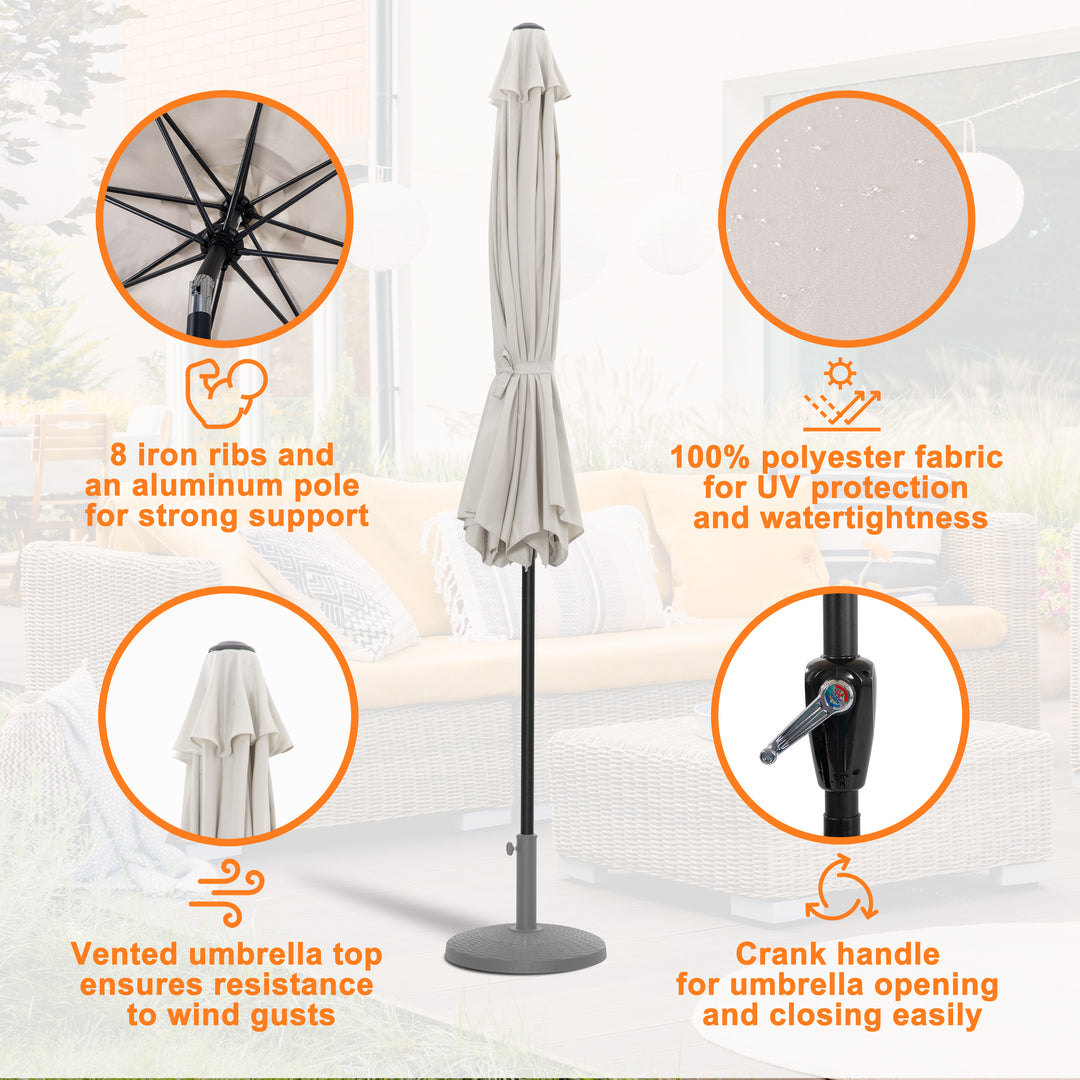 Outdoor 7.5' Round Beige Patio Vented Umbrella with Base, Crank, Push Button Tilt