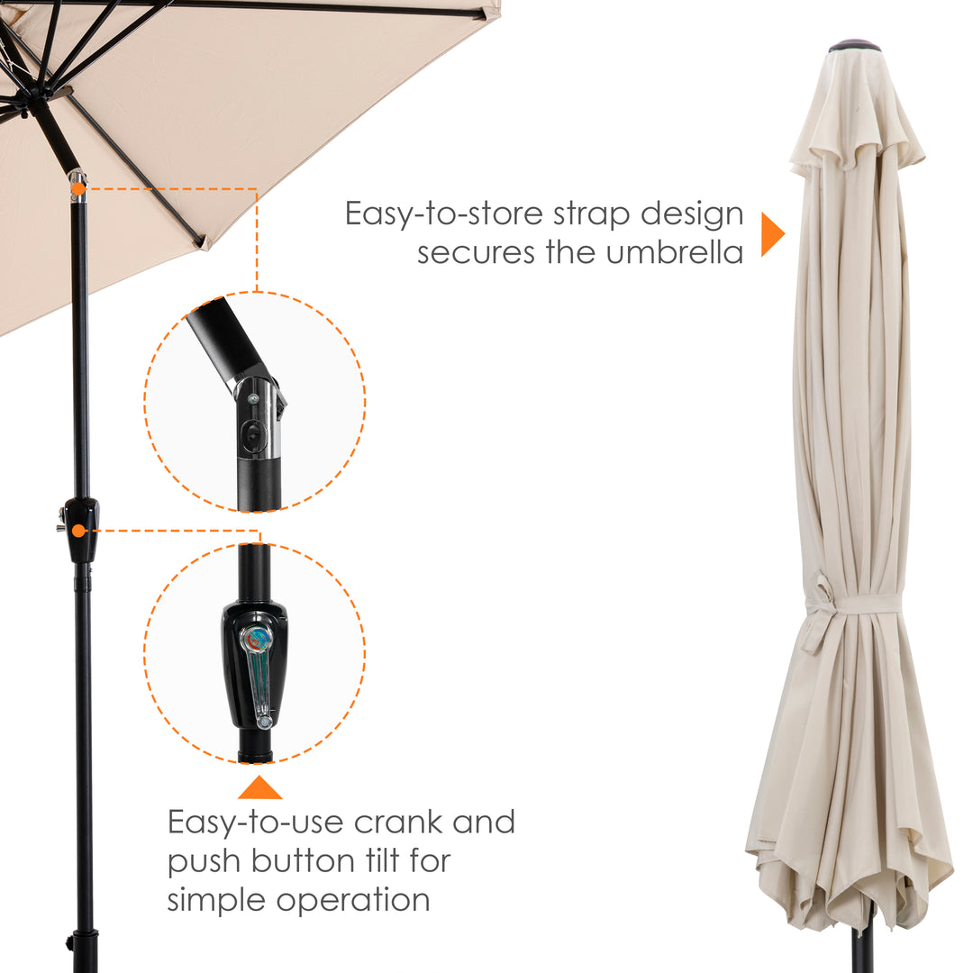 Outdoor 7.5' Round Beige Patio Vented Umbrella with Base, Crank, Push Button Tilt