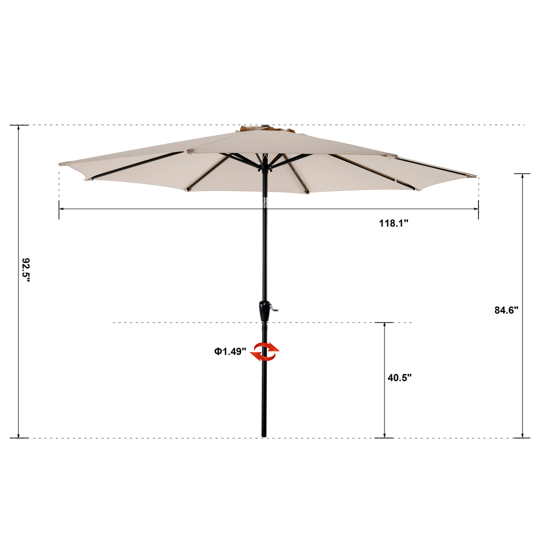 Outdoor 10' Round Beige Patio Vented Umbrella, Crank, Push Button Tilt