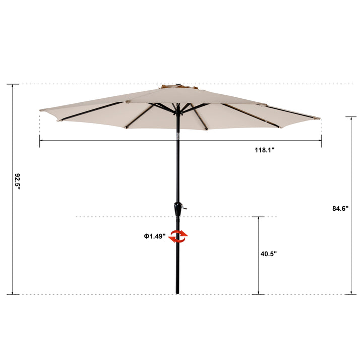 Outdoor 10' Round Beige Patio Vented Umbrella, Crank, Push Button Tilt