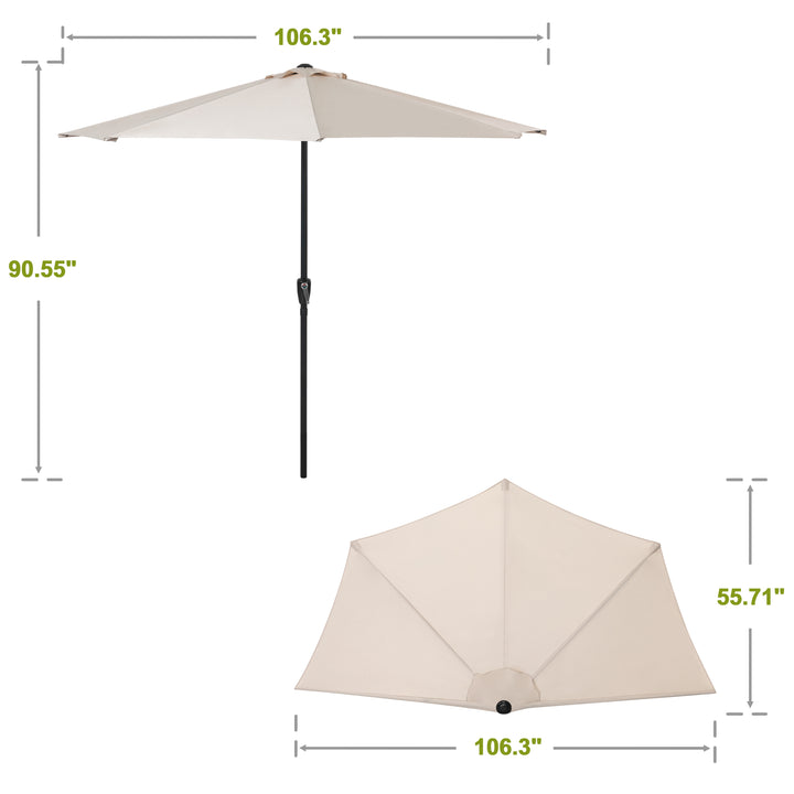 9 FT Patio Umbrella Half Round Umbrella with Crank Lifting System, UV and Water Resistant Polyester Fabric, Outdoor Umbrella, Yard Umbrella, Market Umbrella with 5 Sturdy Ribs, Beige