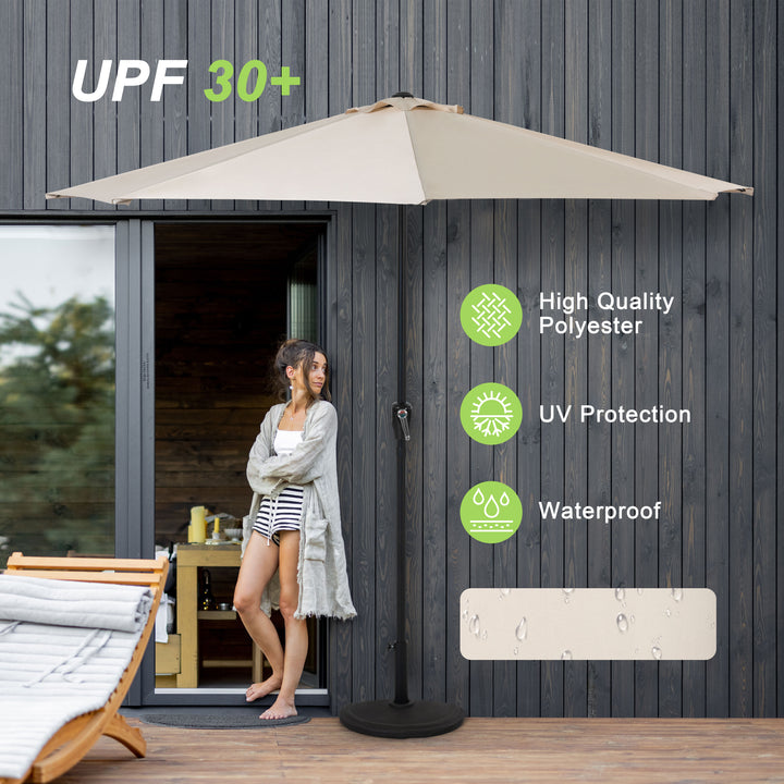 9 FT Patio Umbrella Half Round Umbrella with Crank Lifting System, UV and Water Resistant Polyester Fabric, Outdoor Umbrella, Yard Umbrella, Market Umbrella with 5 Sturdy Ribs, Beige