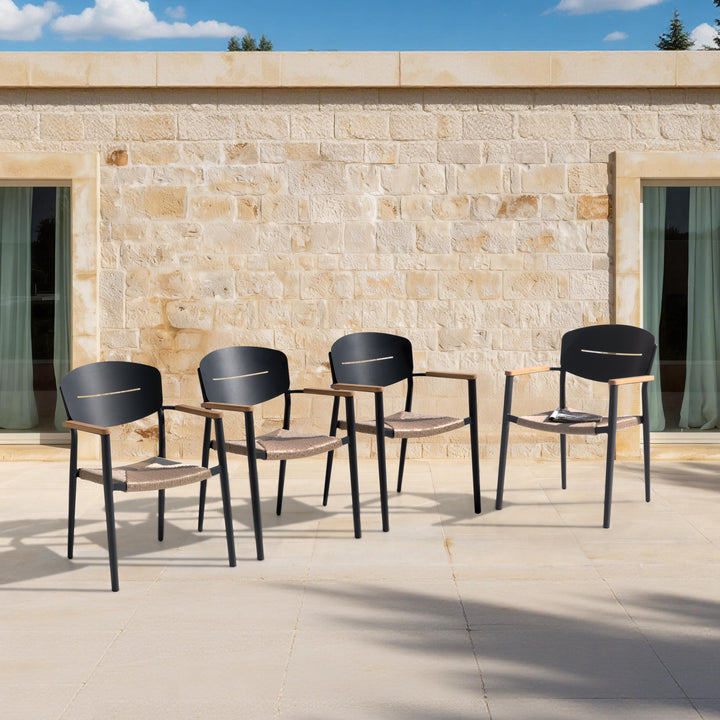 Outdoor 4-Piece Dining Chair Set, Aluminum and Wicker, with Stackable Design