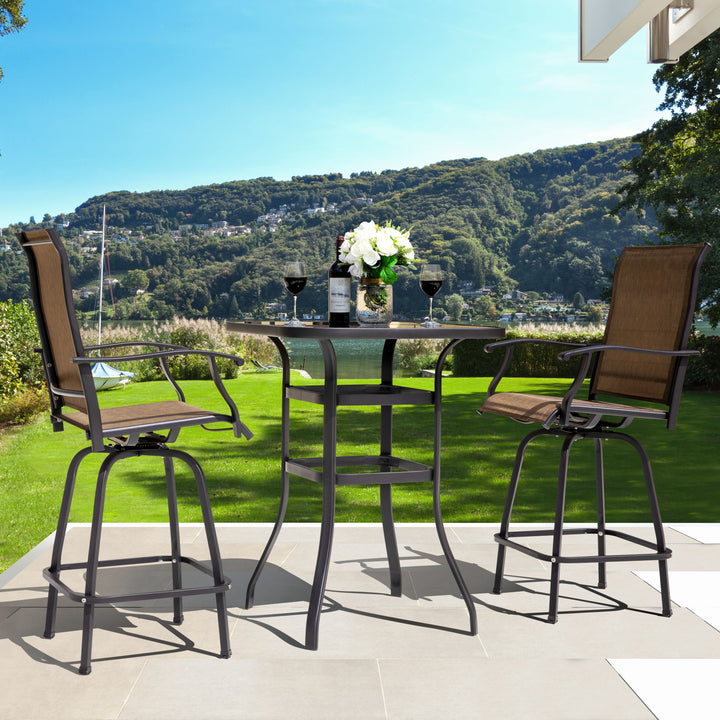 3 Piece Outdoor Patio Swivel Bar Stool Set with Glass Table, All-Weather Textilene