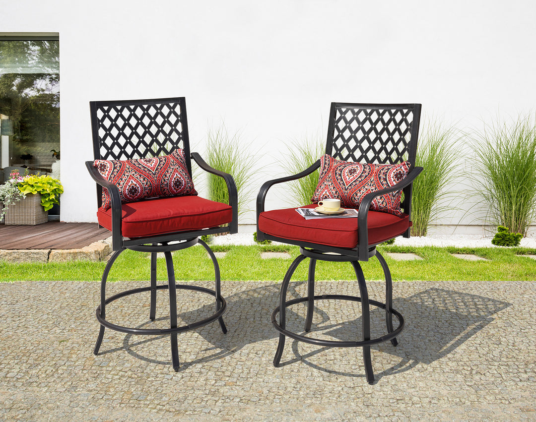 Nuu Garden 2 Piece Outdoor Metal Patio Swivel Stools Chairs with Red Cushion and Armrest, Bar Height, Black