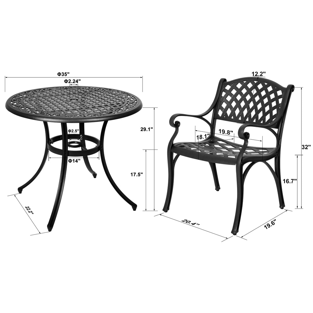 36 Inch Cast Aluminum Patio Table with Umbrella Hole, Indoor Outdoor All Weather Round Patio Bistro Table for Garden, Patio, Yard