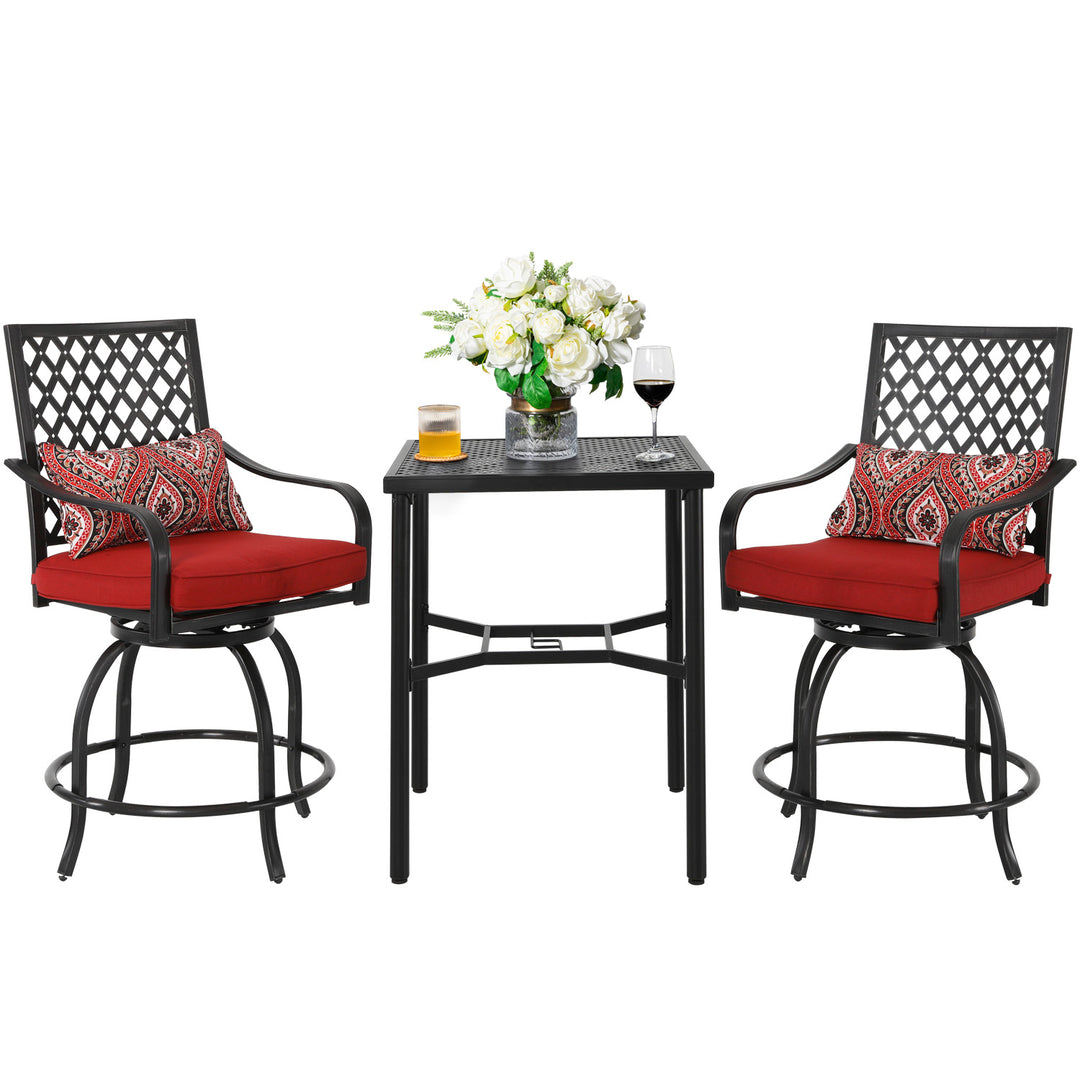 3 Pieces Patio Bistro Set with Swivel Chairs, Cushions, Pillows, Bistro Table with Umbrella Hole