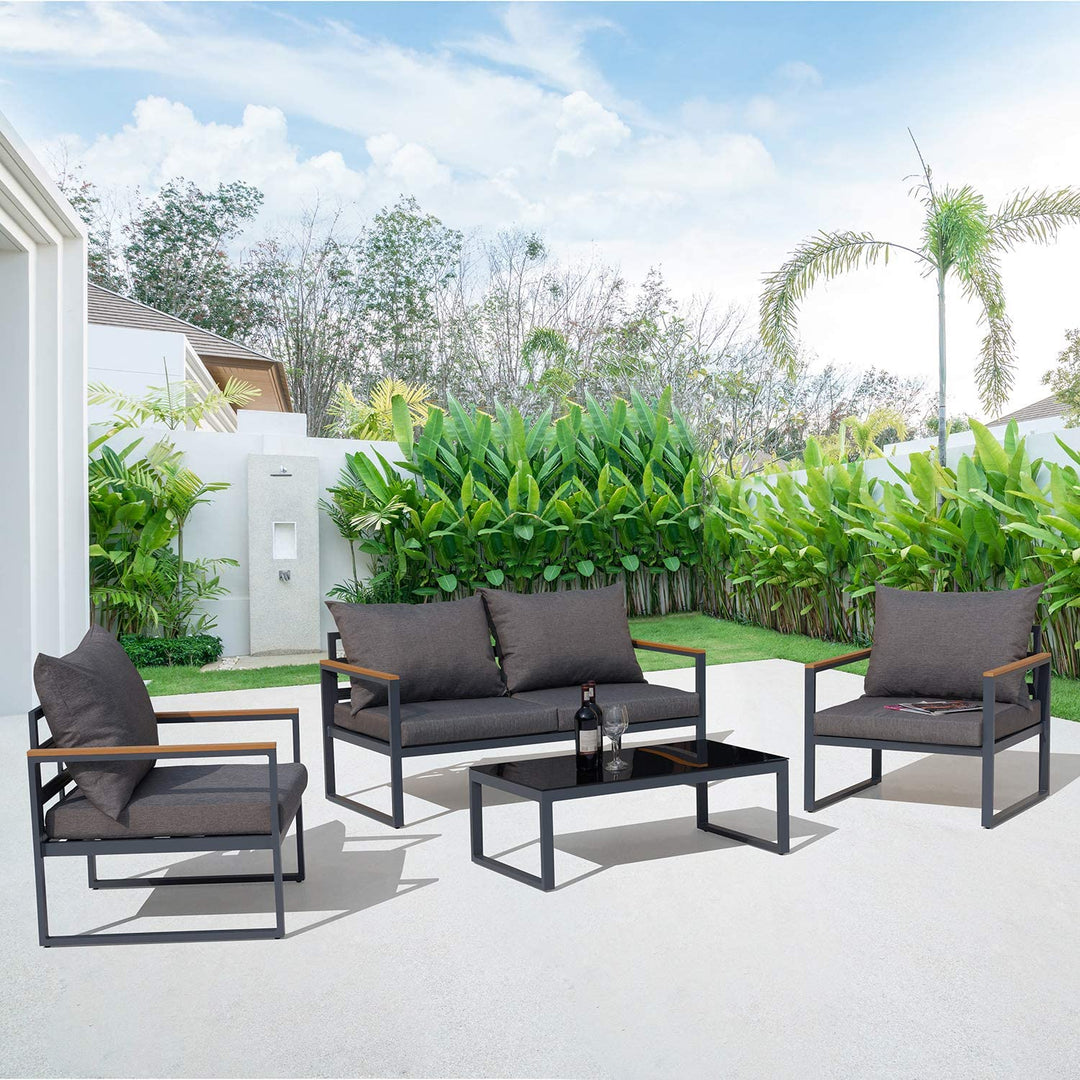 4 Pieces Aluminum Teak Patio Furniture Sofa Set, Outdoor Conversation/Bistro Set with Loveseat, Coffee Table, Cushions for Home, Backyard, Pool