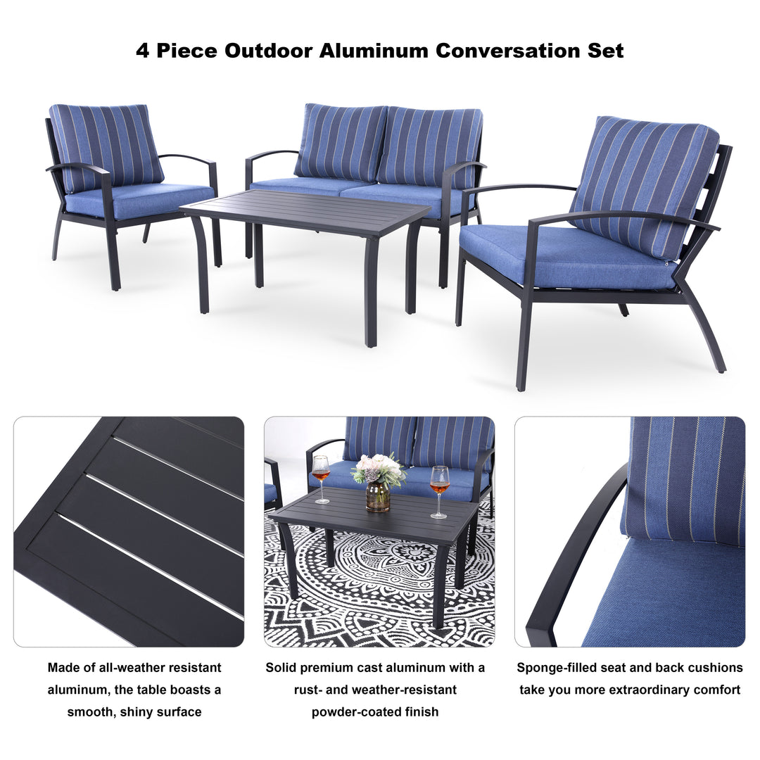 4 Piece Aluminum Patio Conversation Furniture Set, All Weather Outdoor Sectional Sofa Set with Table for Garden, Poolside