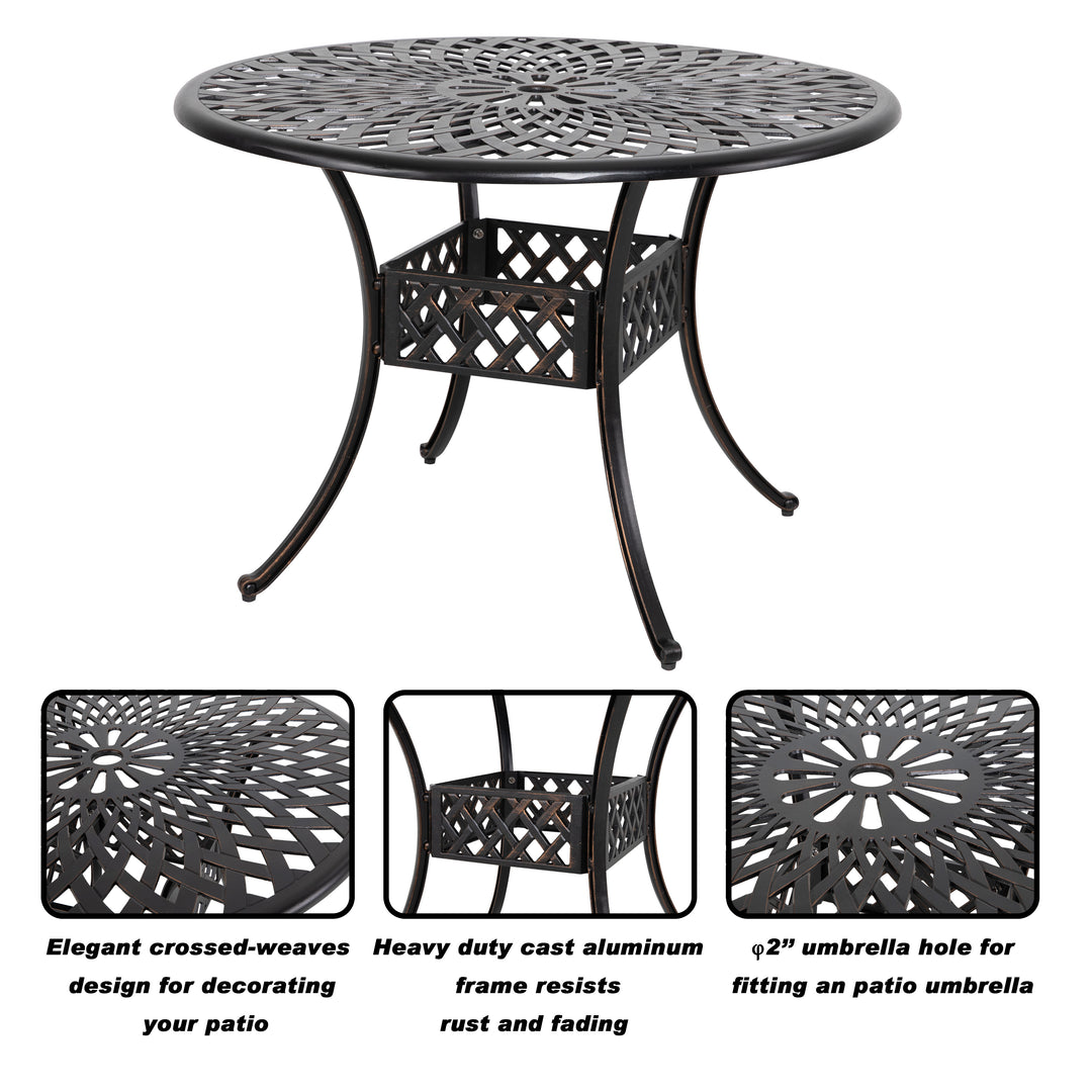 42 Inch Round Outdoor Dining Table with Umbrella Hole, Cast Aluminum Outdoor Patio Table for Balcony, Garden, Patio, Porch