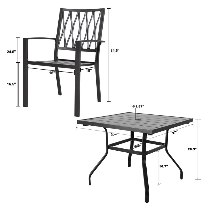 5 Pieces Metal Patio Armrest Dining Chairs and Square Table Set, Black Dining Set, 3 Inch Square Bistro Table with Umbrella Hole and 4 Backyard Garden Chairs