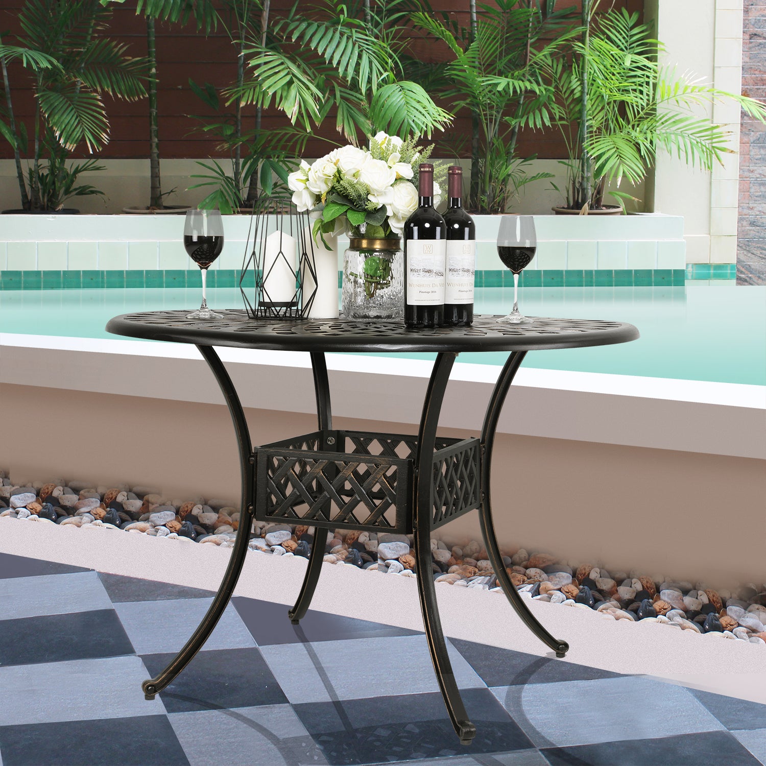 42 Inch Round Outdoor Dining Table with Umbrella Hole Cast Aluminum Outdoor Patio Table for Balcony Garden Patio Porch