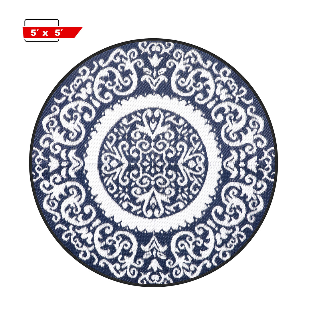Round Outdoor Rug, Plastic Straw Foldable Area Rug Indoor Outdoor Carpet for Patio Decor Balcony Camping Picnic RV, Blue and White