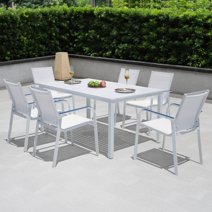 7 Pieces Aluminum Dining Chairs and Larger Square Table Set, 63 Inch Rectangle Table and 6 Backyard Garden Chairs