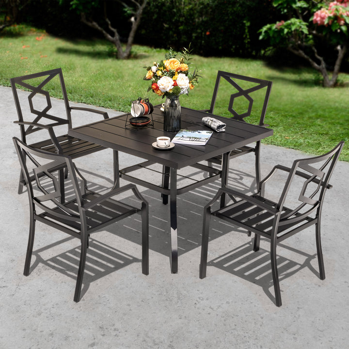 5 Piece Metal Patio Dining Set Wrought Iron Patio Furniture, 4 Stackable Patio Chairs and Square Patio Dining Table with 1.57 Inch Umbrella Hole for Lawn, Backyard, Balcony, Black