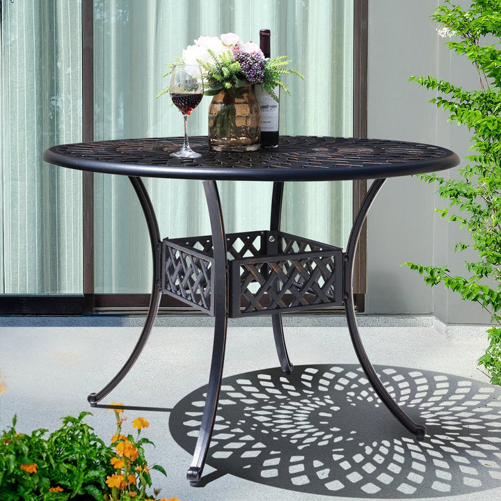 42 Inch Round Outdoor Dining Table with Umbrella Hole, Cast Aluminum Outdoor Patio Table for Balcony, Garden, Patio, Porch
