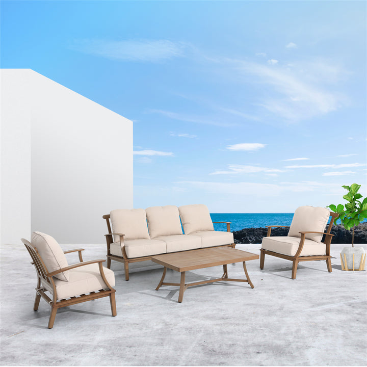 4 Pieces Aluminum Sofa Set Indoor Patio Garden Furniture Set Dark Brown Rectangular Coffee Table and Chairs