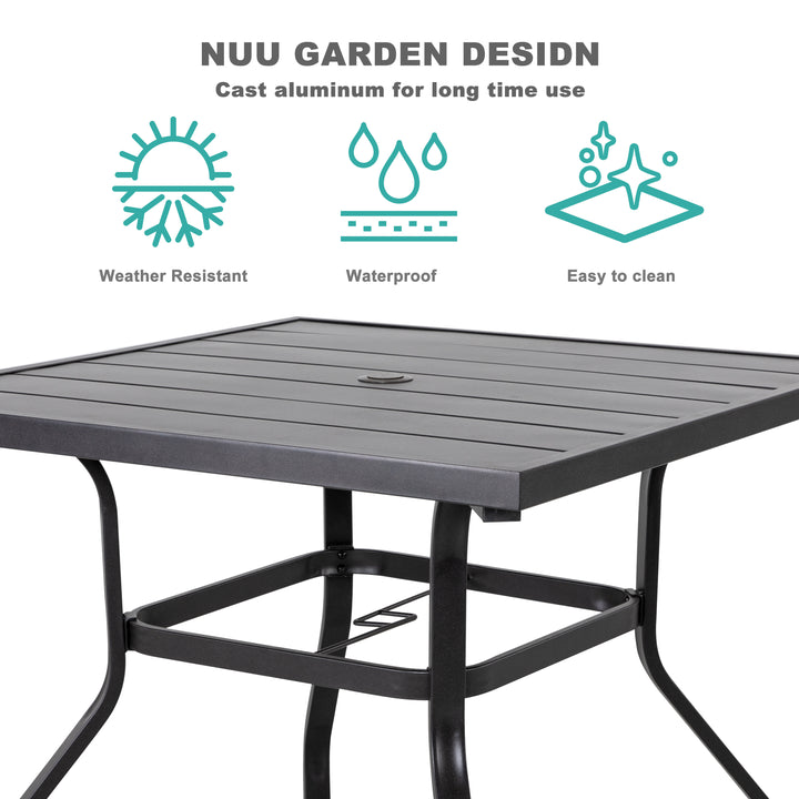 5 Pieces Metal Patio Armrest Dining Chairs and Square Table Set, Black Dining Set, 3 Inch Square Bistro Table with Umbrella Hole and 4 Backyard Garden Chairs