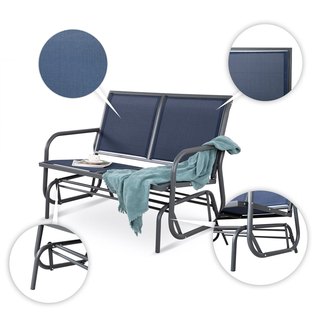 Steel Seats Outdoor Glider Swing Loveseat Chair, Garden Rocking Seating, Patio Bench for 2, Blue