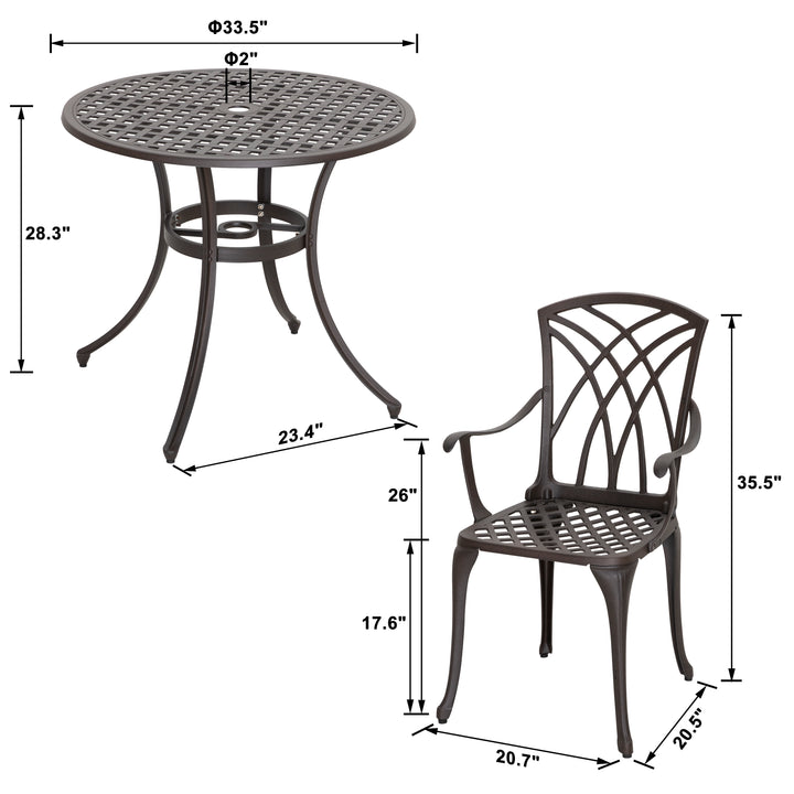5 Piece Outdoor Cast Aluminum Dining Set, Round Patio Table and Chairs with Umbrella Hole for Patio or Deck, Lattice Weave Design