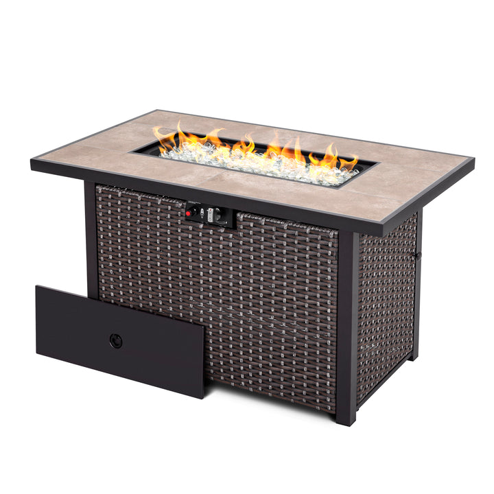 Outdoor 43 Inch 50,000 BTU Propane Gas Rattan Fire Pit Table, Ceramic Tabletop