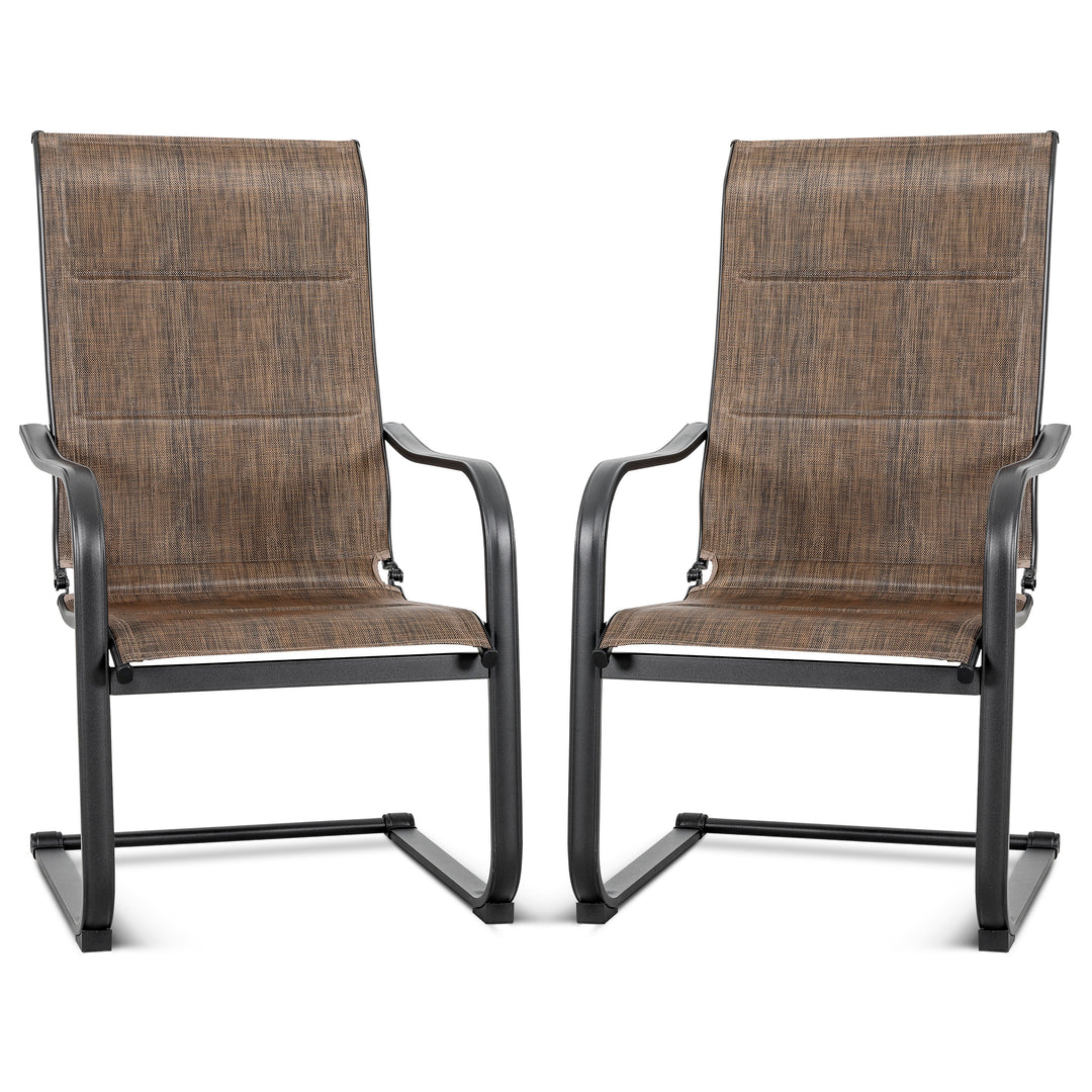 2 Pieces Outdoor C-Spring Motion Dining Chair Set, Textilene Fabric with Cotton-Padded and Iron Frame, Brown