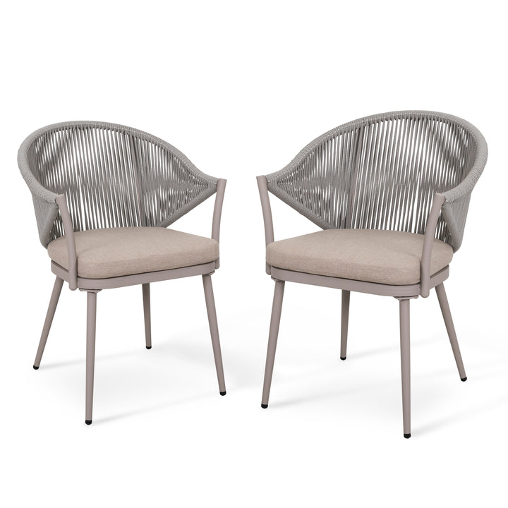 Outdoor Dining Chairs Set 2, 2 Piece Bistro Dining Chairs, Rope Single Chair Set of 2 with Cushions, Coffee & Light Grey
