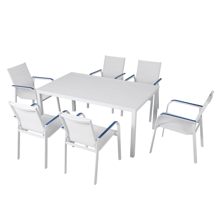 7 Pieces Aluminum Dining Chairs and Larger Square Table Set, 63 Inch Rectangle Table and 6 Backyard Garden Chairs