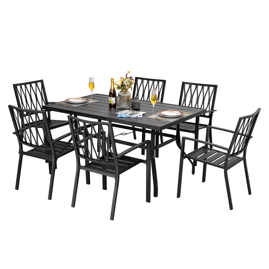7 Pieces Metal Patio Armrest Dining Chairs and Square Table Set, 60 Inch Rectangle Bistro Table with Umbrella Hole and 6 Backyard Garden Chairs