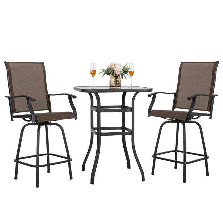 3 Piece Outdoor Patio Swivel Bar Stool Set with Glass Table, All-Weather Textilene