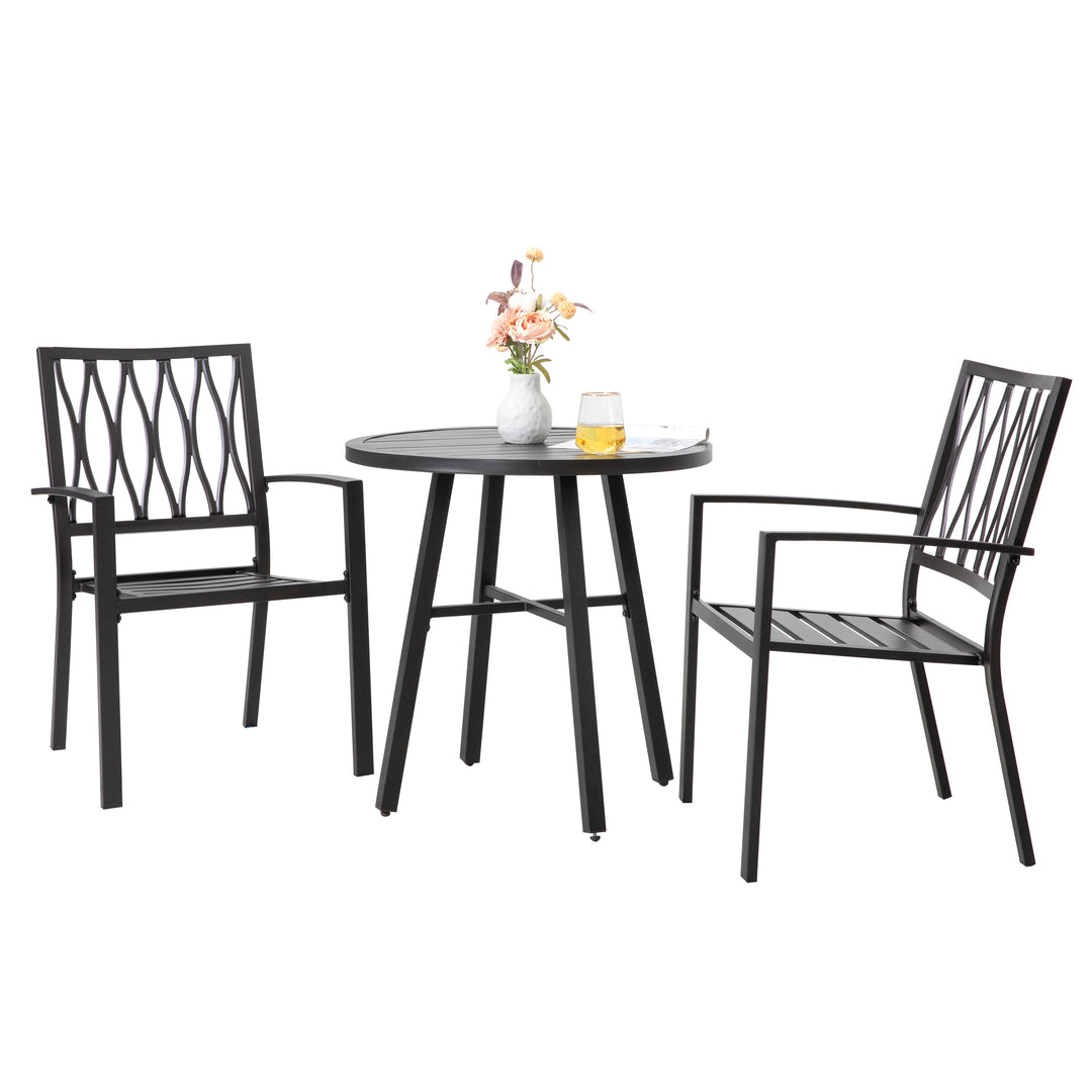3 Pieces Patio Bistro Set, Iron Outdoor Bistro Set with 2 Patio Dining Chairs and 1 Round Slatted Patio Table, Outdoor Furniture Set for Porch, Backyard