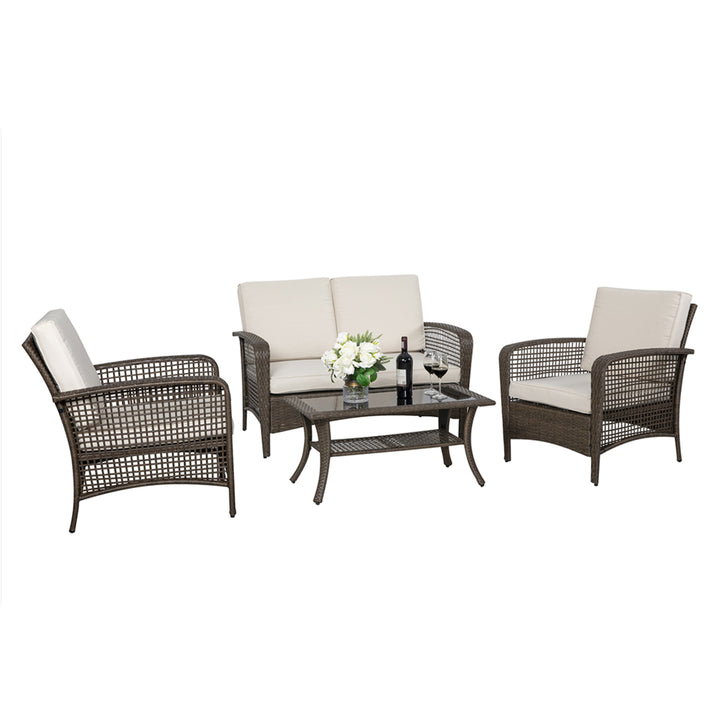 4 Pieces Patio Furniture, Outdoor Conversation/Sofa Set with Rattan Coffee Table and Cushions, Steel, PE Rattan Wicker, for Small Balconies, Front Porch, Yard, Deck
