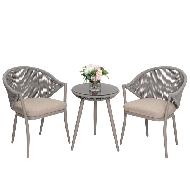 3 Pieces Aluminum Patio Bistro Conversation Set Unique Rope Outdoor Garden Furniture Table and Chair Set with Coffee Cushions