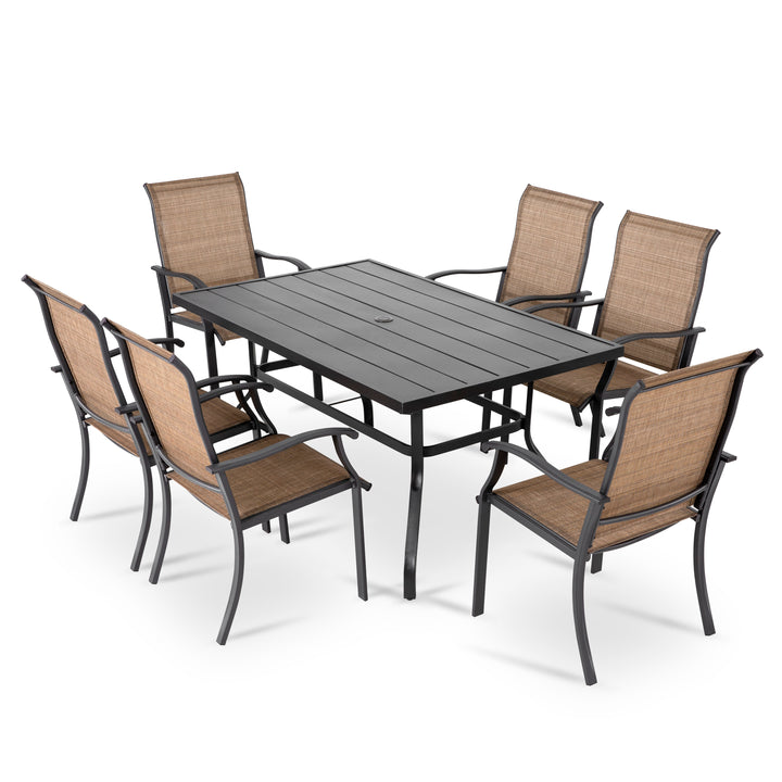 7 Pieces Patio Dining Set, All-Weather Outdoor Furniture for Garden, Backyard / 6 Dining Chairs & 1 Rectangle Steel Dining Table with Umbrella Hole