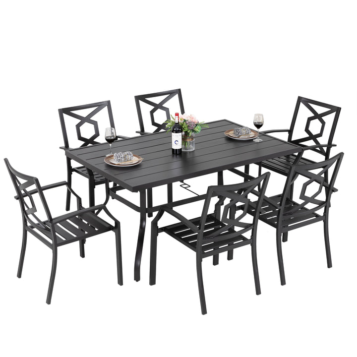 7 Piece Metal Patio Dining Set Wrought Iron Patio Furniture, 6 Stackable Patio Chairs and Rectangle Patio Dining Table with 1.57 Inch Umbrella Hole