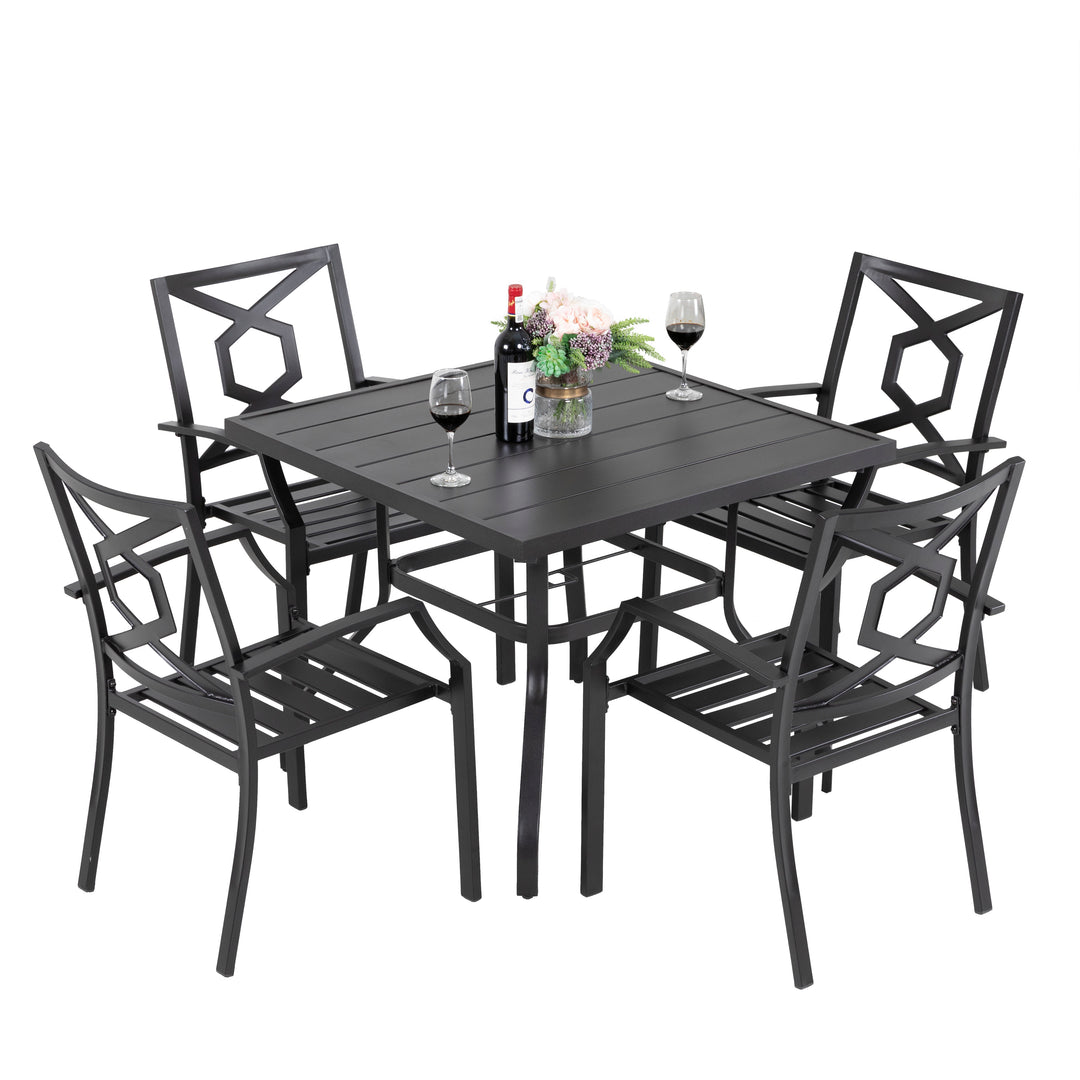 5 pcs patio dining chair set with umbrella hole Nuu Garden 5pcs Armrest Dining Set SID016-01 | black, aluminum, weather resistant, umbrella-hole