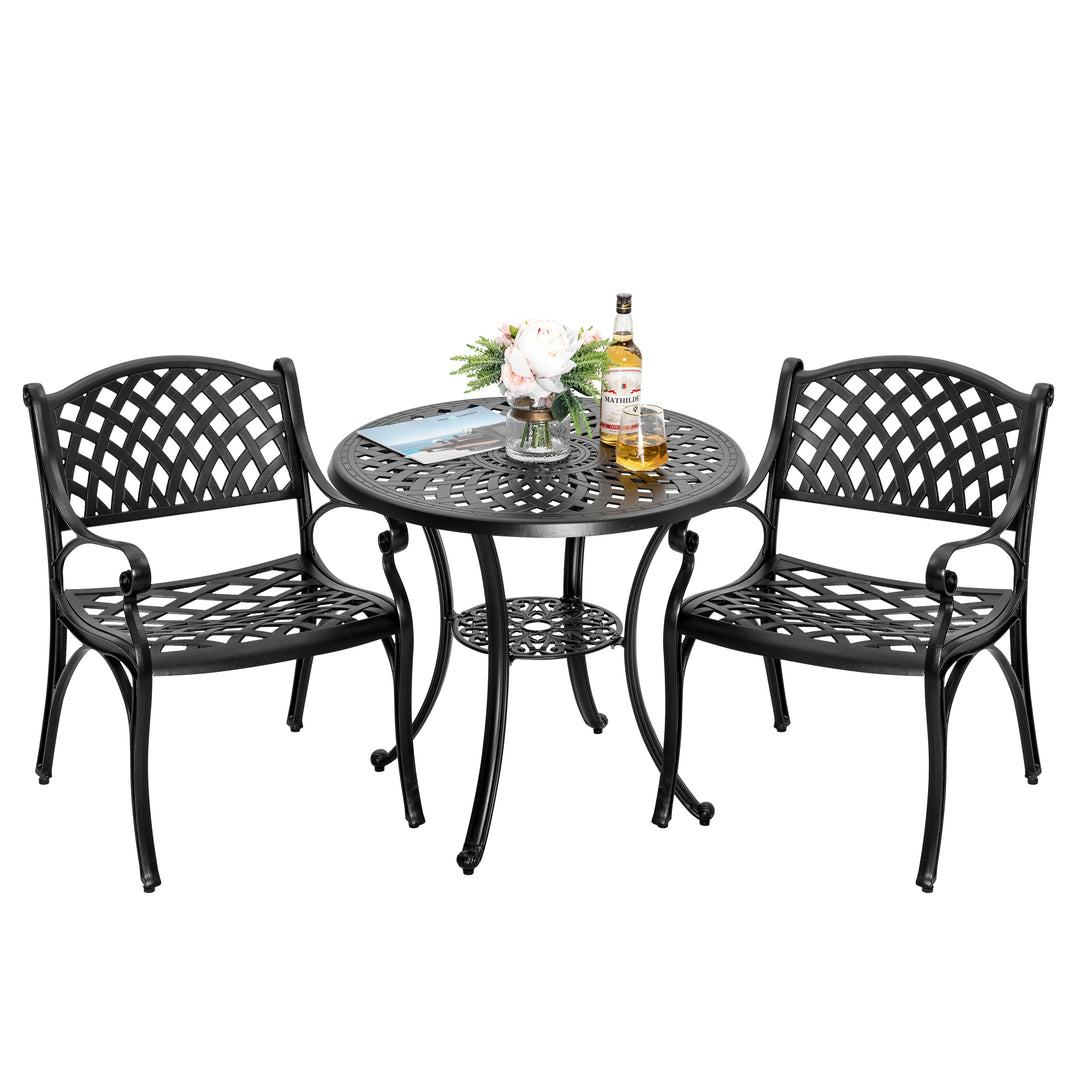 3 Pieces Outdoor Bistro Set with Red Cushions, Cast Aluminum All-Weather Patio Dining Set, Outdoor Furniture Table with Umbrella Hole for Garden, Balcony, Porch