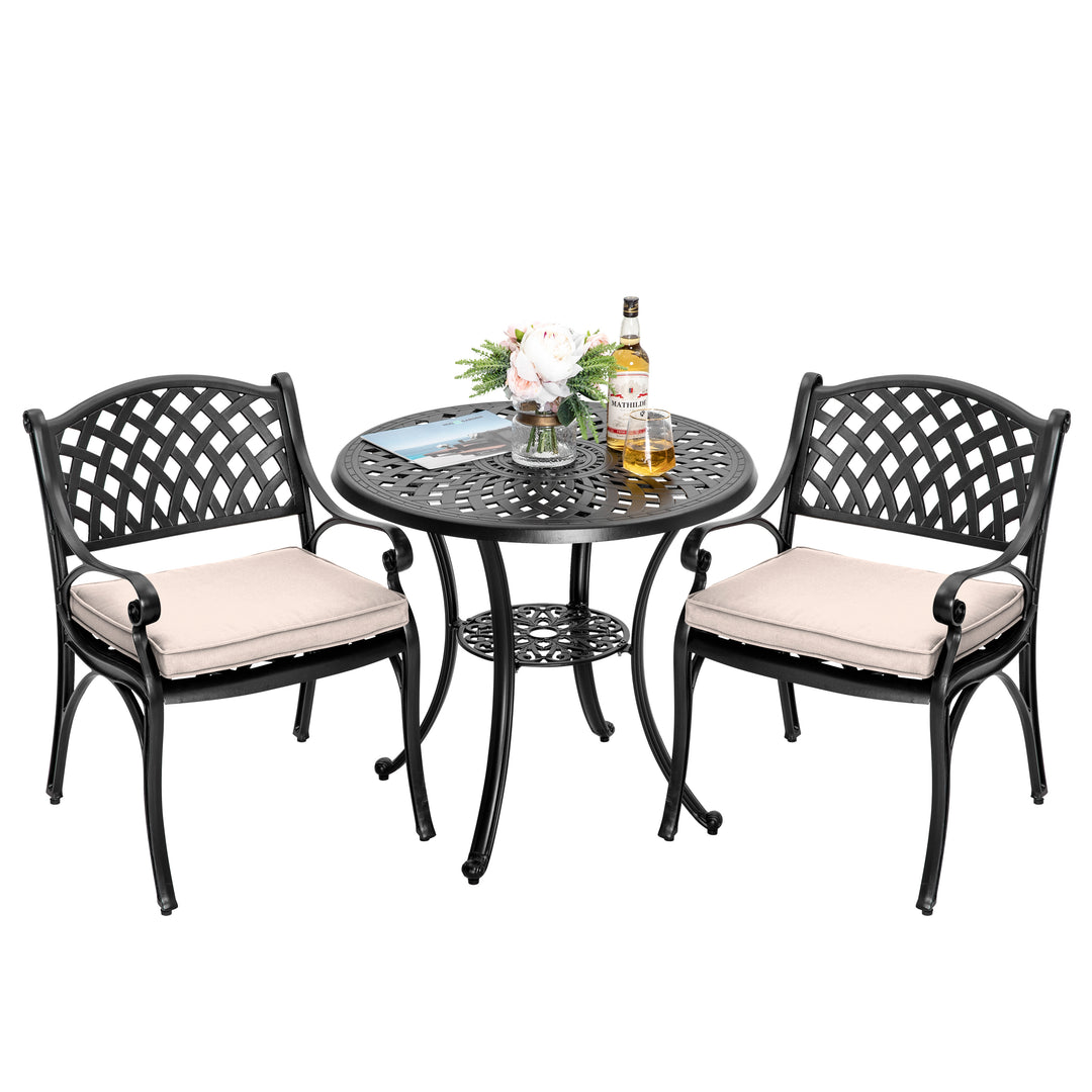 3 Pieces Outdoor Bistro Set with Red Cushions, Cast Aluminum All-Weather Patio Dining Set, Outdoor Furniture Table with Umbrella Hole for Garden, Balcony, Porch